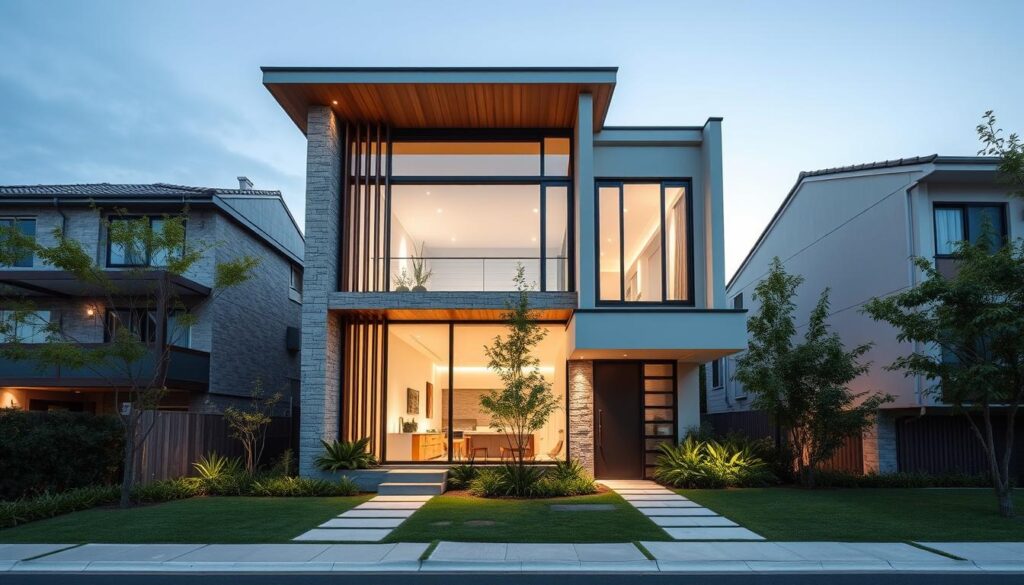 A modern and elegantly designed three-story Taiwanese townhouse, known as a "透天厝", nestled in a tranquil urban neighborhood. The façade features a harmonious blend of glass, natural stone, and warm wood accents, creating a visually striking and welcoming appearance. Large windows flood the interior with natural light, highlighting the open-concept layout and minimalist decor. A neatly manicured front yard with lush greenery and a paved walkway lead up to the main entrance, evoking a sense of peaceful, suburban living. The overall composition exudes a contemporary, yet timeless aesthetic, showcasing the versatility and appeal of the traditional "透天厝" design.