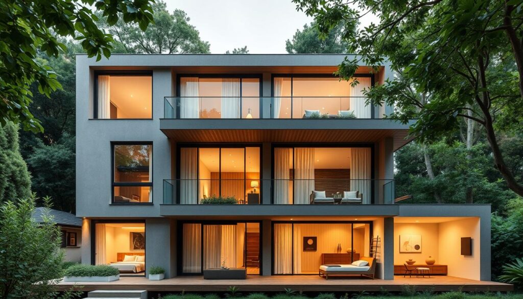 A modern, multi-story townhouse nestled in a lush, verdant landscape. The façade features a sleek, minimalist design with clean lines, large windows, and a harmonious balance of materials like wood, stone, and glass. The upper floors offer a private sanctuary, with spacious bedrooms bathed in warm, diffused lighting that filters through sheer curtains. Streamlined furniture and carefully curated decor create a serene, uncluttered ambiance, while strategically placed skylights and balconies seamlessly integrate the indoor and outdoor living spaces. The overall impression is one of tranquility, comfort, and contemporary elegance.