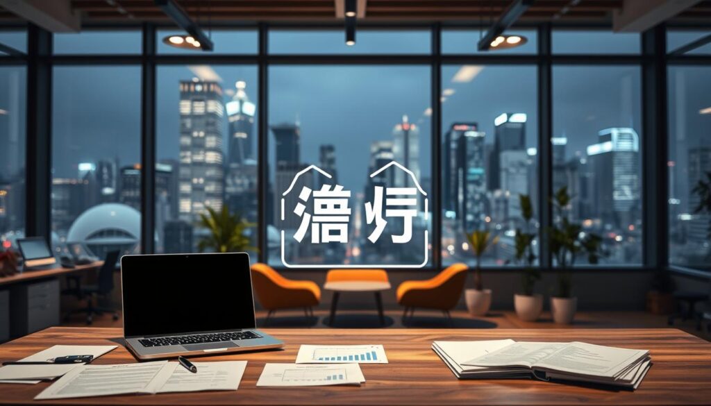A modern office interior with a large window overlooking a bustling city skyline. In the foreground, a wooden desk with various documents and a laptop computer. On the desk, a stylized icon or diagram illustrating the "預售屋客變範圍" concept, using clean lines and minimal colors. The middle ground features comfortable office chairs and potted plants, creating a professional yet relaxed atmosphere. The background is softly lit, with warm lighting from ceiling fixtures casting a cozy glow. The overall scene conveys a sense of productivity, organization, and attention to detail, reflecting the technical and financial aspects of the "預售屋客變" topic.