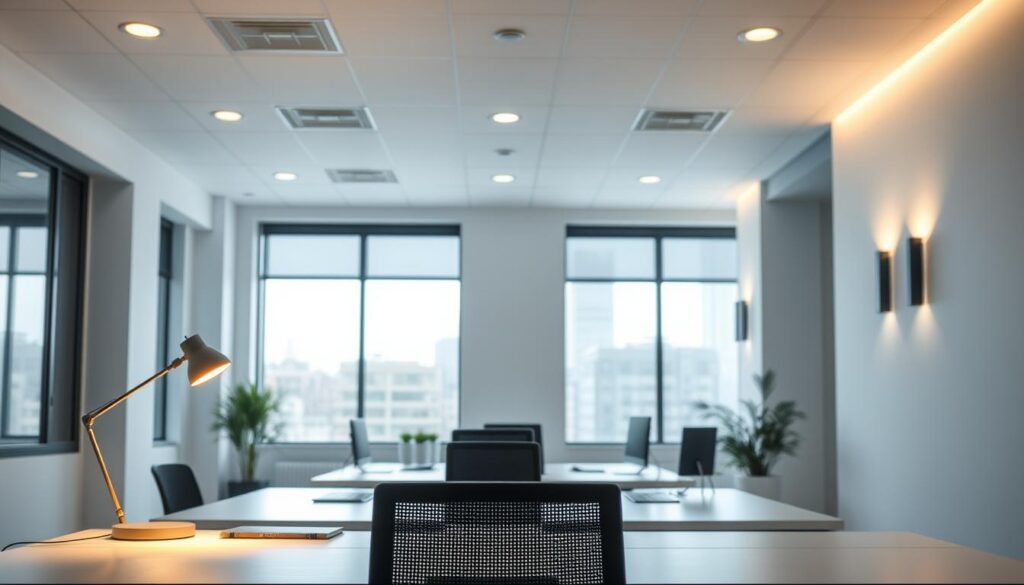 A well-lit, modern office with a focus on task-oriented lighting design. In the foreground, a minimalist desk with a sleek task lamp casting a warm glow. In the middle ground, recessed ceiling lights evenly illuminate the work surfaces, creating a productive atmosphere. The background features tall windows allowing natural daylight to filter in, complemented by sophisticated wall sconces that add depth and ambiance. The overall lighting scheme is balanced, energy-efficient, and enhances the clean, contemporary aesthetic of the space, optimizing both form and function for an optimal work environment.