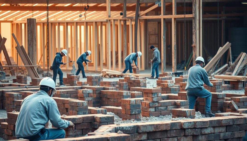 A construction site bustling with workers engaged in the intricate processes of masonry and carpentry. In the foreground, skilled masons carefully lay bricks, their movements precise and methodical, shaping the foundations of a new structure. In the middle ground, carpenters skillfully assemble wooden frames, their tools creating a rhythmic symphony as they bring the architectural design to life. The background is shrouded in a soft, warm light, casting a subtle glow over the scene, evoking a sense of progress and craftsmanship. The overall atmosphere conveys the careful coordination and expertise required to seamlessly integrate the masonry and carpentry components of a construction project.
