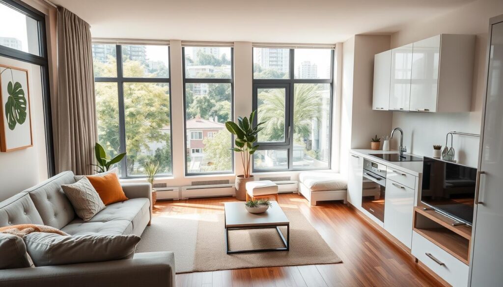 A cozy and efficient 25-square meter new apartment, filled with natural light and tasteful modern decor. The open-concept living area features a minimalist design with a plush sofa and a sleek coffee table. The kitchen blends seamlessly into the space, with clean white cabinetry and stainless steel appliances. Warm wooden floors and accents create a welcoming ambiance. Large windows overlooking a lush urban landscape provide a calming, airy atmosphere. Carefully curated artwork and potted plants add subtle pops of color. The bedroom is a serene retreat, with a low platform bed and soft neutral tones. Overall, this compact new home showcases efficient, stylish design that maximizes the limited square footage.