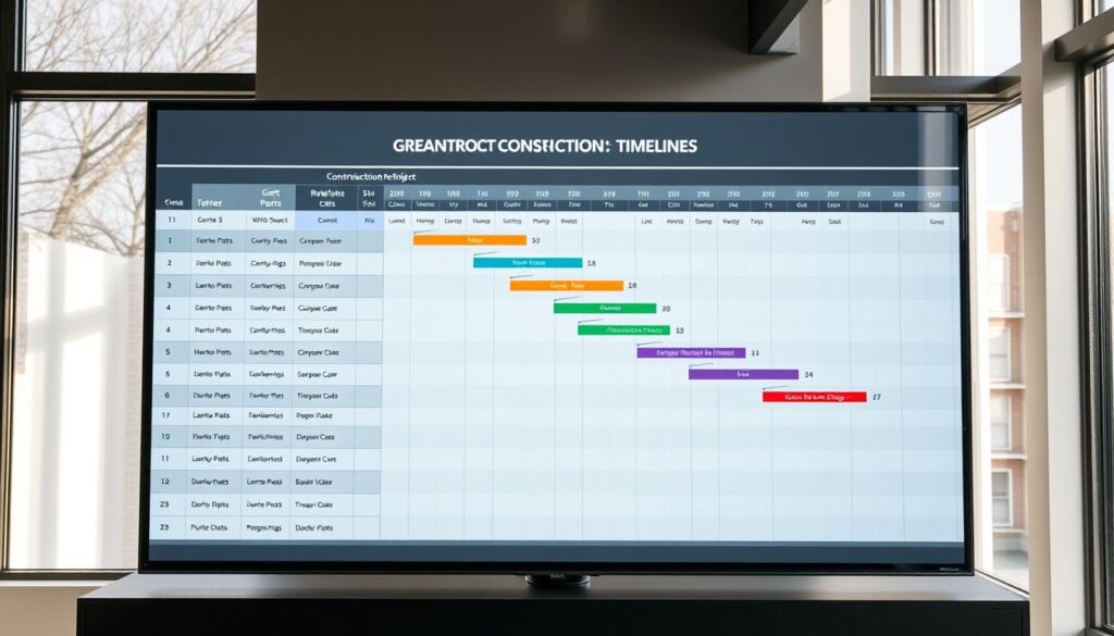 A detailed Gantt chart depicting the construction timeline for a new residential project, with color-coded task bars, milestones, and resource allocations. The chart is displayed on a large, high-resolution display in a modern, minimalist office setting, with natural lighting filtering in through large windows. The overall tone is one of professionalism, organization, and efficient project management, conveying the importance of careful planning and scheduling for a successful home renovation or construction endeavor.
