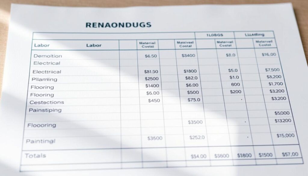 A detailed breakdown of renovation costs, including labor, materials, and other expenses, displayed on a clean, organized spreadsheet or ledger. The layout features distinct sections for each major work category, such as demolition, electrical, plumbing, flooring, and painting, with precise line-item costs and totals. The design is minimalist, with a neutral color palette and clear typography, creating a professional and informative visual aid. Soft, directional lighting illuminates the document, showcasing the precise financial details in a clear and legible manner.