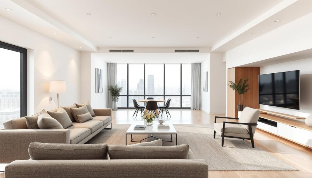 A modern and minimalist apartment interior with an open-concept layout. The foreground features a well-curated selection of furnishings, including a sleek sofa, a contemporary coffee table, and a stylish armchair. Soft, diffused lighting emanates from recessed ceiling fixtures, creating a warm and inviting atmosphere. In the middle ground, a large window overlooks a cityscape, allowing natural light to flood the space. The background showcases clean, white walls and a subtle, monochromatic color scheme, emphasizing the spaciousness and simplicity of the room. The overall scene conveys a sense of adaptability, highlighting the potential for personalization and transformation within a new home environment.