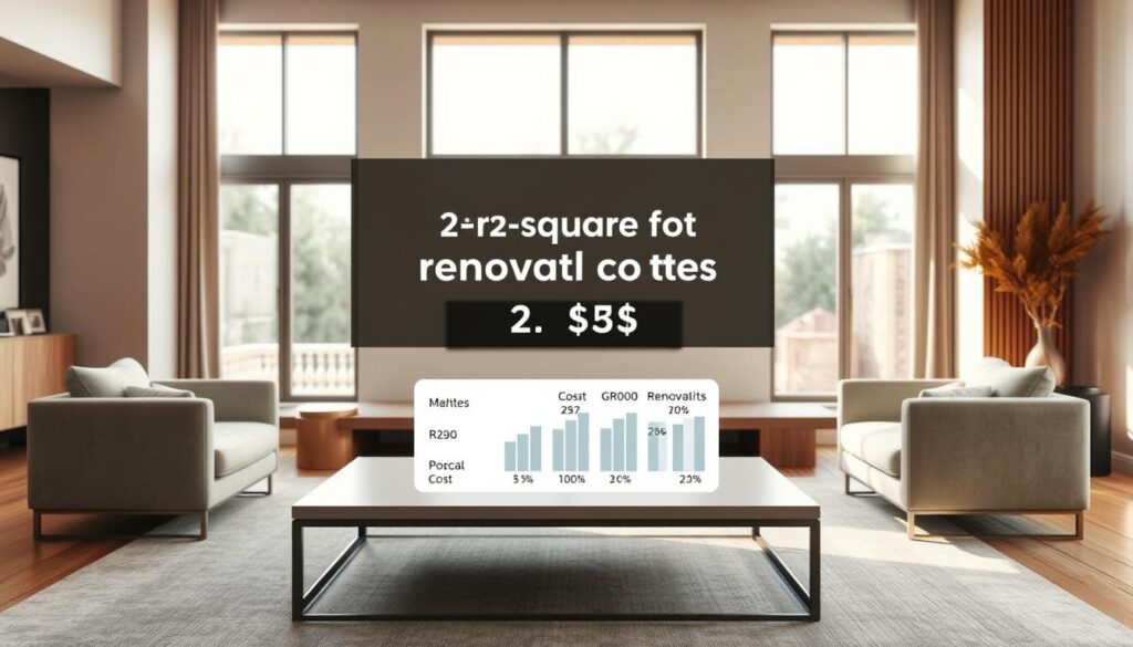 A modern, minimalist living room interior with a sleek, elegant design. The room is bathed in warm, natural lighting from large windows, highlighting the sophisticated color palette of muted grays, creams, and wooden accents. In the center, a simple, yet stylish coffee table displays a detailed breakdown of per-square-foot renovation costs, presented in a clean, infographic-style layout. The background showcases a subtle, blurred view of the exterior, suggesting the integration of the indoor and outdoor spaces. The overall atmosphere conveys a sense of refined, contemporary living and thoughtful design considerations.