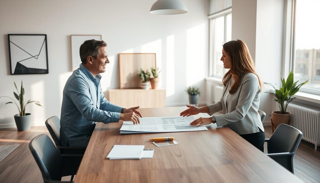 A modern, minimalist office interior with a focus on a professional consultation between a client and a representative from a reputable renovation company. The scene is bathed in warm, natural lighting filtering through large windows, creating a calming and trustworthy atmosphere. The client and representative are engaged in an earnest discussion, gesturing towards design plans and material samples laid out on a sleek, wooden conference table. The background features subtle, abstract wall art and potted plants, conveying a sense of sophistication and attention to detail. The overall composition emphasizes the decision-making process of selecting the right renovation partner.