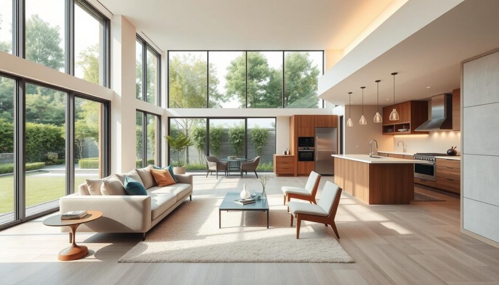 A modern, well-designed new home interior with an open, airy layout and clean lines. The living room features large windows overlooking a lush, serene garden. Minimalist furniture in neutral tones creates a calming ambiance. Warm wooden accents and strategically placed lighting fixtures contribute to the overall sense of balance and harmony. The kitchen seamlessly integrates with the living space, showcasing sleek cabinets and high-end appliances. Subtle textures, such as a plush area rug and textured wall panels, add depth and visual interest. The space exudes a sophisticated, contemporary aesthetic that maximizes functionality and livability.