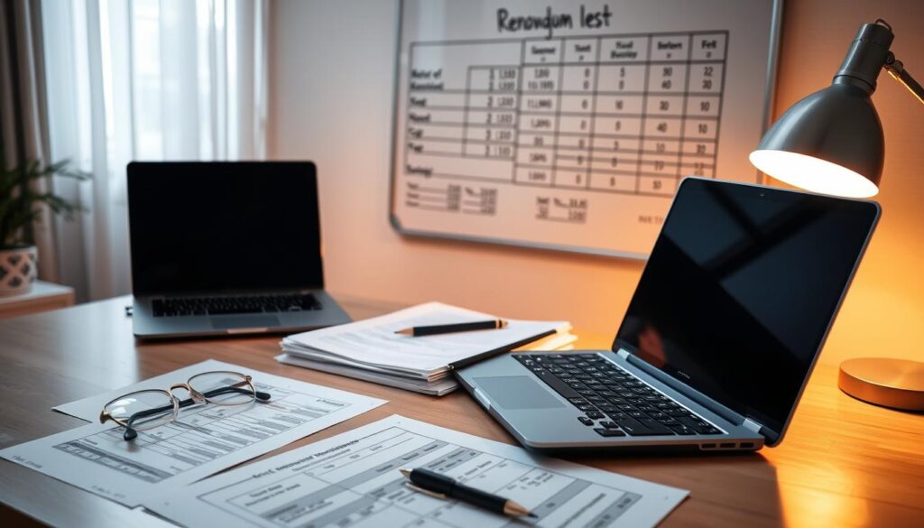 A neatly organized desk with a laptop, calculator, and a stack of financial documents. Soft, warm lighting from a desk lamp casts a cozy glow. In the background, a wall-mounted whiteboard displays a budget breakdown in carefully drawn diagrams and charts. A pair of eyeglasses and a pen rest nearby, suggesting a methodical approach to planning and analysis. The overall atmosphere conveys a sense of focus, organization, and attention to detail in the process of constructing a comprehensive renovation budget.