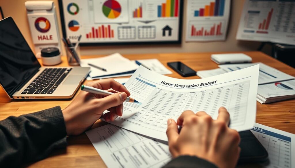A neatly organized office desk with a laptop, calculator, and various financial documents. In the foreground, a person's hands are carefully considering a budget plan, highlighting different sections with a colored pen. The background features a wall display with pie charts, bar graphs, and other visual aids, providing a comprehensive overview of the home renovation budget. Warm, diffused lighting creates a focused, professional atmosphere, emphasizing the importance of thorough financial planning for a successful home renovation project.