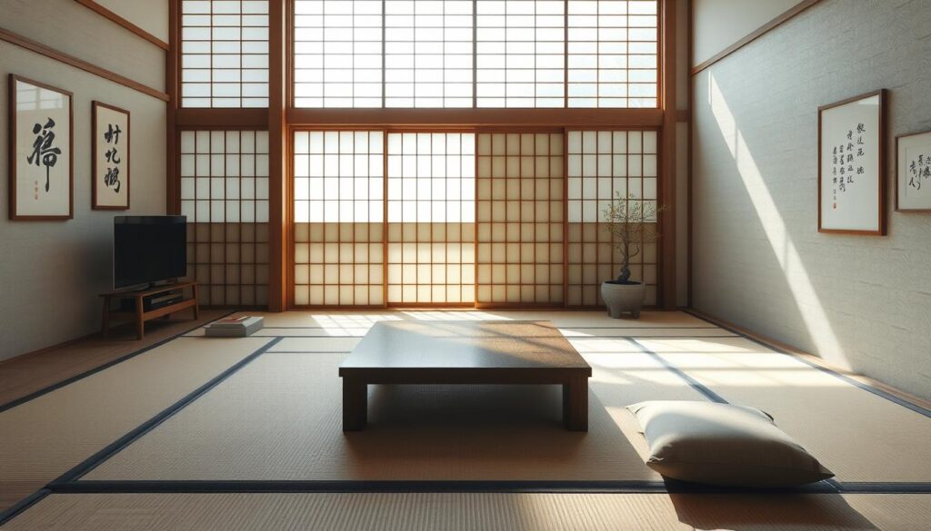 A serene Japanese-inspired interior, bathed in soft natural light filtering through shoji screens. A minimalist design showcases clean lines, subtle textures, and muted earth-toned accents. A low wooden table sits atop a tatami mat floor, surrounded by sleek modern furniture in a harmonious blend of traditional and contemporary elements. Elegant calligraphy paintings and a carefully curated bonsai plant add delicate cultural touches, while the overall atmosphere exudes a sense of tranquility and balance.