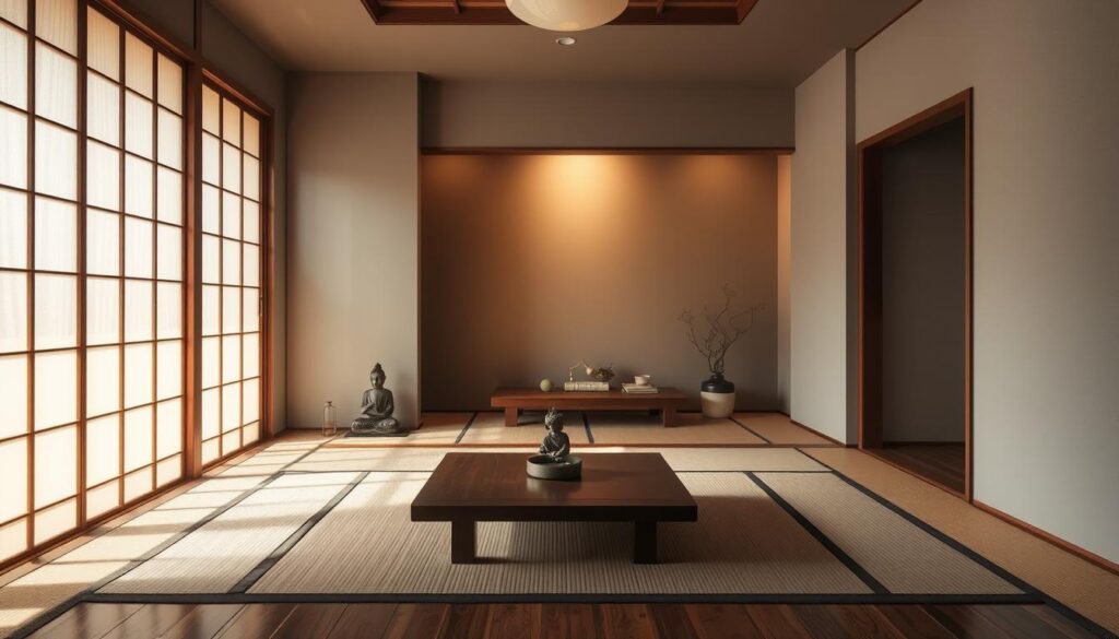 A serene Japanese-inspired room, with delicate shoji screens casting a warm, diffused light. The color palette is a harmonious blend of muted tones - soft grays, earthy ochres, and subtle hints of sage green. Carefully placed decorative elements, such as a wooden Buddha statue and a small ikebana arrangement, add to the tranquil ambiance. The hardwood floors are covered in a tatami mat pattern, while a low table with minimalist furnishings takes center stage. The overall atmosphere evokes a sense of calming simplicity and elegant restraint, quintessential to the Japanese aesthetic.