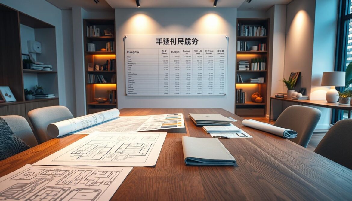 A sleek, modern interior design studio with a large wooden table in the foreground, showcasing various architectural plans, swatches, and design sketches. The middle ground features a wall-mounted display with a detailed budget breakdown and cost projections, creating a sense of careful planning and financial organization. In the background, bookshelves and design references create a professional, yet inviting atmosphere. Soft, warm lighting illuminates the space, emphasizing the sophisticated and organized nature of the "裝潢預算規劃" process. The overall composition conveys a sense of thoughtful, well-considered design and budgeting decisions.