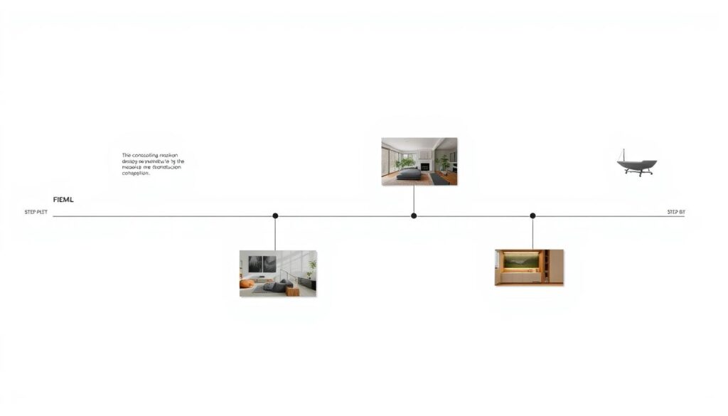 A sleek, modern interior design timeline showcasing the step-by-step process of renovating a new construction home. Crisp, minimalist layouts depict the various stages, from initial design consultation to final installation, captured in a clean, minimalist aesthetic. Subtle textures and muted tones create a calming, professional atmosphere, while strategic use of negative space highlights the orderly flow of the renovation timeline. Carefully composed vignettes illustrate key milestones, shot with a wide-angle lens to convey a sense of spaciousness and order. The overall mood is one of efficiency, organization, and a seamless transition from empty shell to beautifully appointed living space.