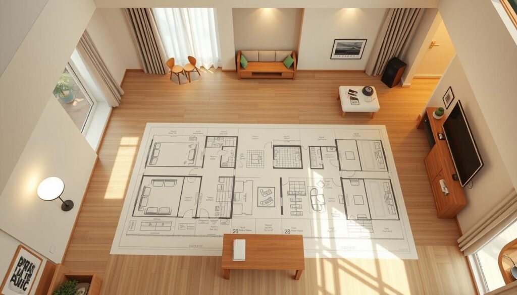 A spacious and well-lit home interior, showcasing a detailed floor plan for a home renovation project. The plan features precise room layouts, furniture placements, and design elements, capturing the intricate planning process of a "新成屋客變" (home renovation) project. The scene is rendered with a clean, modern aesthetic, conveying a sense of organization and professionalism. Subtle warm lighting illuminates the plan, creating a calm and focused atmosphere. The camera angle provides a bird's-eye view, allowing the viewer to fully appreciate the comprehensive nature of the renovation blueprint. The overall impression is one of a well-thought-out and meticulously planned home transformation.