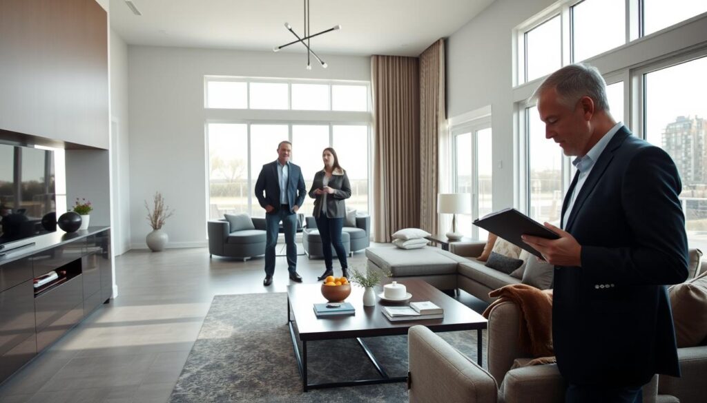 A spacious interior with sleek, modern furnishings. In the foreground, an inspector carefully examines the quality of the finishes and construction, clipboard in hand. Midground, homeowners attentively observe, ensuring every detail meets their expectations. The background features large windows, allowing natural light to flood the room, highlighting the clean lines and careful attention to design. The scene conveys a sense of professionalism and diligence, as the inspection process ensures the home meets the highest standards before final acceptance.