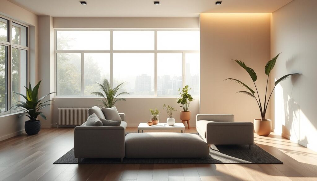 A tranquil, minimalist interior space with abundant natural light streaming through large windows. In the foreground, a comfortable, ergonomic sofa in muted tones invites relaxation. The middle ground features a simple, sleek coffee table and potted plants, creating a sense of balance and harmony. The background showcases a neutral-colored wall, accentuated by subtle, warm lighting that casts a soothing glow. The overall atmosphere exudes a serene, wellness-focused ambiance, reflecting the concept of "客變規劃與健康生活空間".