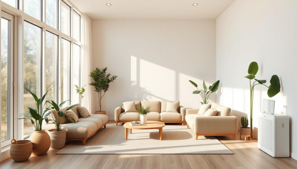 A tranquil, minimalist living space with ample natural light filtering through large windows. The room features clean lines, muted earth-tone furnishings, and thoughtfully placed houseplants that contribute to a calming, restorative atmosphere. Soft ambient lighting casts a warm glow, while strategically positioned air purifiers and dehumidifiers ensure optimal indoor air quality. The layout emphasizes open flow and flexibility, allowing for comfortable movement and adaptable multi-purpose use. Subtle yet impactful design choices prioritize health, well-being, and sustainable living, creating a harmonious, nourishing home environment.