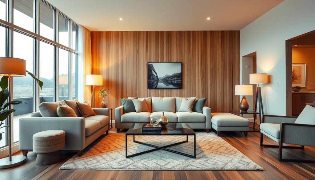 A well-designed, modern living room in a newly constructed house. Warm, earthy tones with natural wood accents and clean, minimalist furniture. Soft, diffused lighting from floor lamps and large windows, creating a cozy and inviting atmosphere. A tasteful area rug and plush sofa anchor the space, while an elegant coffee table and end tables provide functionality. The room exudes a sense of balance, sophistication, and thoughtful planning, reflecting the careful budgeting and cost considerations that went into the interior decor.