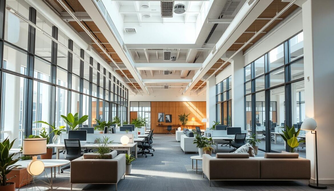 A well-designed, modern office interior with natural lighting and clean, minimalist aesthetics. A spacious, open-concept layout with glass walls, sleek furniture, and strategic placement of potted plants and artwork. Warm wood accents complement the neutral color palette, creating a calming, productive atmosphere. Ergonomic workstations are positioned to maximize workflow and collaboration, while cozy lounge areas provide opportunities for relaxation and ideation. Careful attention to lighting, from recessed LEDs to floor lamps, casts a soft, ambient glow throughout the space. The overall ambiance is professional yet inviting, reflecting a harmonious blend of form and function tailored to the needs of the occupants.