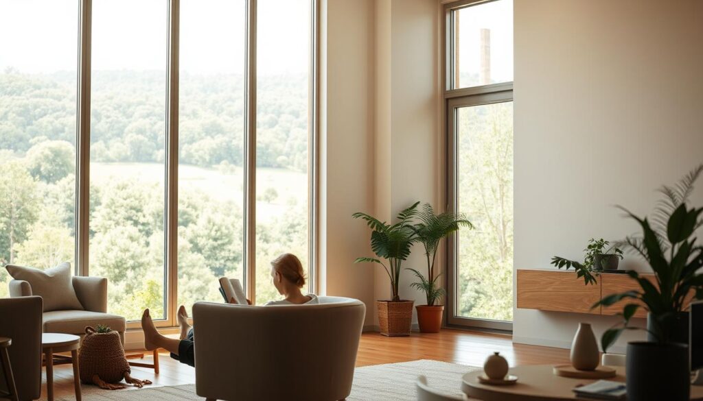 A well-lit, spacious interior with large windows overlooking a verdant landscape. In the foreground, a person in a comfortable armchair, reading a book. Warm, diffused lighting bathes the scene, creating a sense of tranquility and relaxation. The furniture and decor elements are minimalist and modern, promoting a harmonious, uncluttered atmosphere. Subtle touches of greenery, such as potted plants, add a natural, calming presence. The overall composition conveys a strong connection between the indoor environment and the individual's physical and mental well-being.