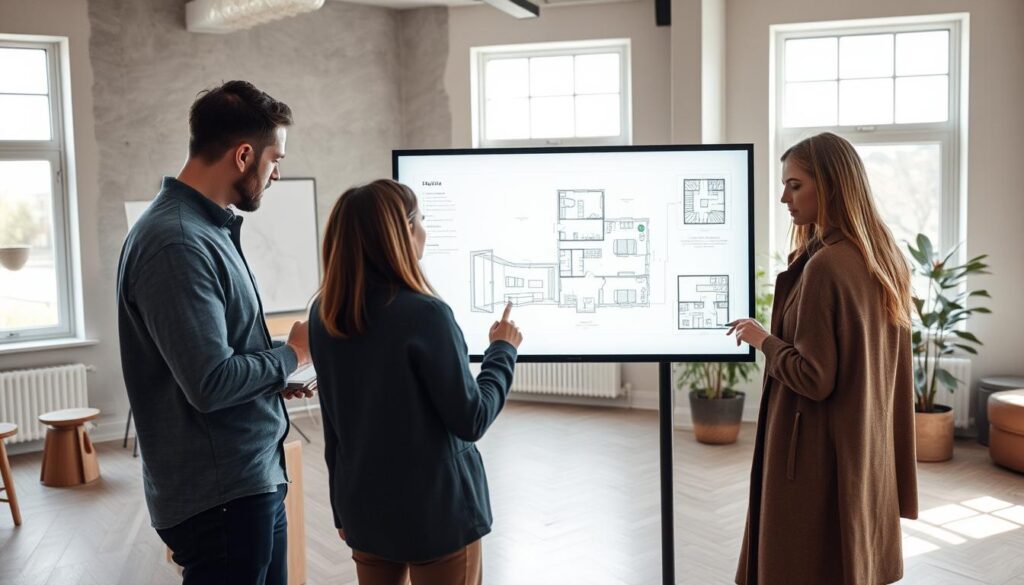 a professional interior design studio, a team of designers collaborating on a client design project, sketching floor plans and 3D models on a large touchscreen display, natural lighting filtering through large windows, clean and minimalist workspace, muted color palette of grays, whites, and wood tones, a sense of focus and collaboration as the designers discuss and refine the client's requirements