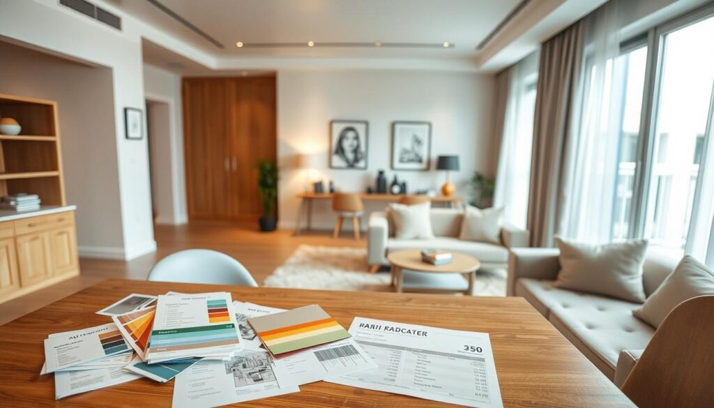 A cozy and well-lit interior of a newly renovated apartment, showcasing the various stages of the home decor process. In the foreground, a selection of color swatches, design sketches, and budgeting materials are neatly arranged on a wooden table, conveying the careful planning and cost estimation involved. The middle ground features a partially furnished living room, with modern furniture and decor elements in a neutral palette, hinting at the finished aesthetic. In the background, a large window allows natural light to flood the space, creating a warm and inviting atmosphere. The overall scene conveys a sense of organization, attention to detail, and the careful consideration of costs during the "毛胚屋裝潢" process.