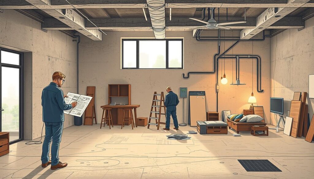A detailed illustration depicting the step-by-step process of renovating a bare-shell apartment. In the foreground, a designer reviews floor plans and material samples against a backdrop of an empty living space with exposed concrete walls and floors. In the middle ground, workers are shown installing electrical wiring, plumbing, and basic fixtures. In the background, a panoramic view showcases the various stages of the renovation, from demolition to finishing touches, captured through a wide-angle lens. The scene is illuminated by a combination of natural light filtering in through large windows and warm, diffused artificial lighting, creating a harmonious and informative visualization of the "毛胚屋裝潢流程".