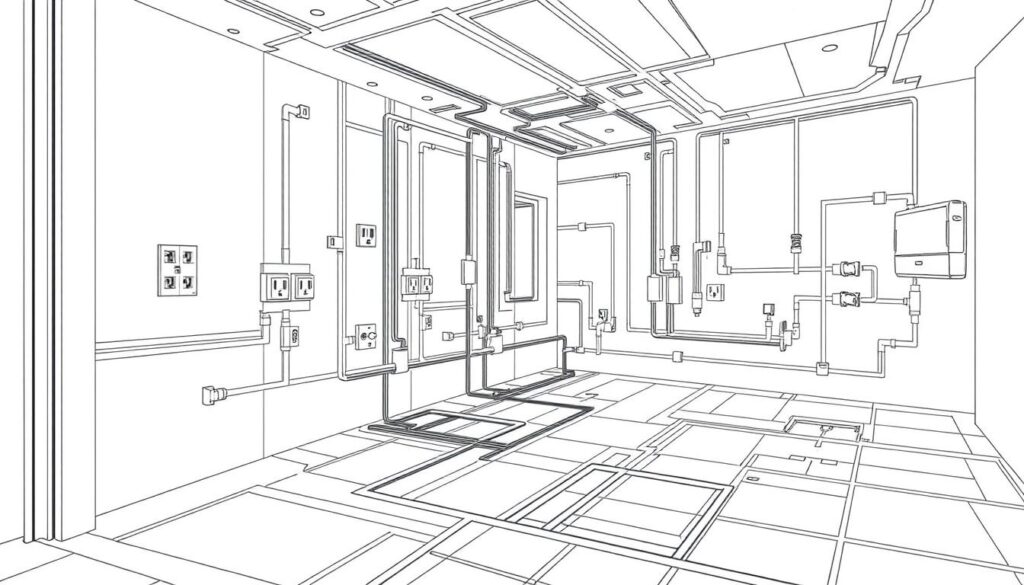 A detailed, technical schematic illustration showcasing the intricate layout and planning of electrical wiring and piping systems within a residential space. The image should depict a precise, blueprint-style rendering with a focus on the precise placement and routing of conduits, outlets, switches, and plumbing fixtures. The scene should have a clean, minimalist aesthetic with muted tones, sharp focus, and precise linework to convey a sense of orderliness and professionalism. Lighting should be neutral, with subtle shadows and highlights emphasizing the technical aspects. The overall mood should be informative and practical, suitable for inclusion in a construction guidebook.