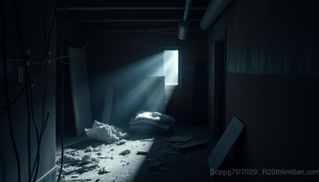 A dimly lit interior space showcases the potential health risks of improper home renovations. In the foreground, a series of unsecured wires and exposed pipes protrude from the walls, casting ominous shadows. The middle ground features a haphazard arrangement of construction materials, including loose insulation and drywall debris, suggesting sloppy workmanship. The background is shrouded in a sense of unease, with poor ventilation and inadequate lighting creating an unhealthy atmosphere. The overall scene conveys the dangers of neglecting safety and health considerations during home remodeling projects, capturing the essence of the "常見裝潢陷阱與健康風險" section.