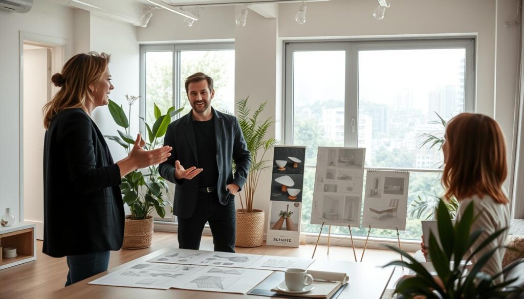 A modern and minimalist interior design studio, with clean lines, natural lighting, and a warm, welcoming atmosphere. In the foreground, a designer gestures expressively while discussing design concepts with a client, their faces animated in thoughtful discussion. In the middle ground, sketches, mood boards, and 3D models showcase the design process. The background features a large window overlooking a lush, urban landscape, hinting at the integration of nature and wellness into the final design. The scene conveys the collaborative, professional, and design-focused nature of the interior design consultation.