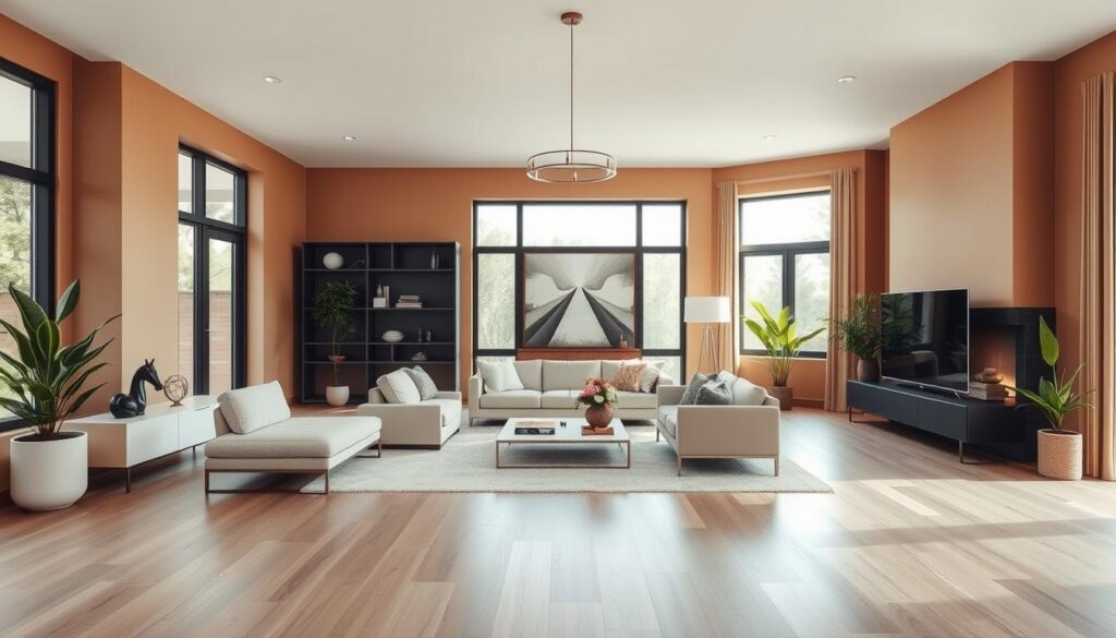 A modern, well-appointed living space with a meticulously planned interior design budget. A spacious, minimalist living room with large windows, allowing ample natural light to flood the room. Warm, earthy tones complement the sleek, contemporary furniture and fixtures. A central focal point, such as a statement light fixture or a striking piece of artwork, anchors the room's design. Carefully curated decor elements, such as potted plants and decorative accents, add visual interest and personality. The overall atmosphere exudes a sense of balance, harmony, and intentionality, reflecting the thoughtful allocation of the renovation budget.