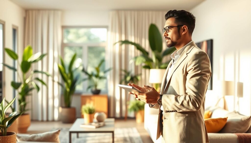 A professional interior designer standing in a stylish, well-lit living room, evaluating the room's design elements with a critical eye. The designer is dressed in a smart, minimalist outfit, holding a tablet and gesturing thoughtfully. The room features clean lines, natural materials, and abundant greenery, creating a serene, healthy atmosphere. Warm, directional lighting illuminates the scene, casting subtle shadows and highlighting the designer's focused expression. The overall mood conveys the designer's expertise and dedication to creating functional, visually appealing living spaces.