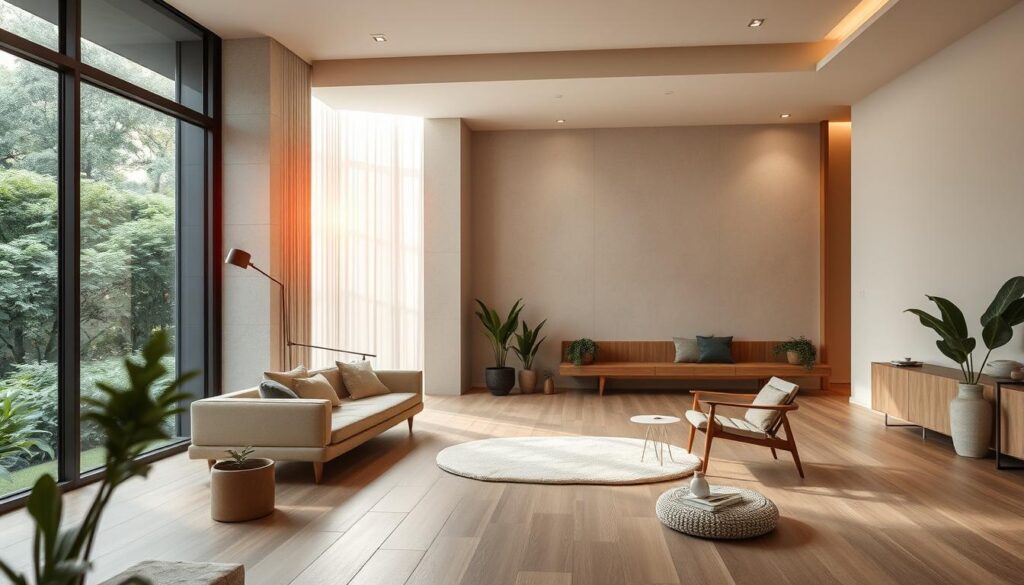 A serene and minimalist interior design showcasing a healthy living space in Taichung. In the foreground, a large window frames a lush garden view, bathing the room in warm natural light. Muted tones of wood, stone, and white predominate, creating a calming atmosphere. Stylish yet functional furniture pieces are strategically placed, promoting airiness and flow. The middle ground features a meditative meditation corner with a plush rug and potted plants, encouraging mindfulness. In the background, subtle accent lighting highlights the clean architectural lines, exuding a sense of balance and tranquility. An oasis of wellness and rejuvenation, this design embodies the essence of healthy living.