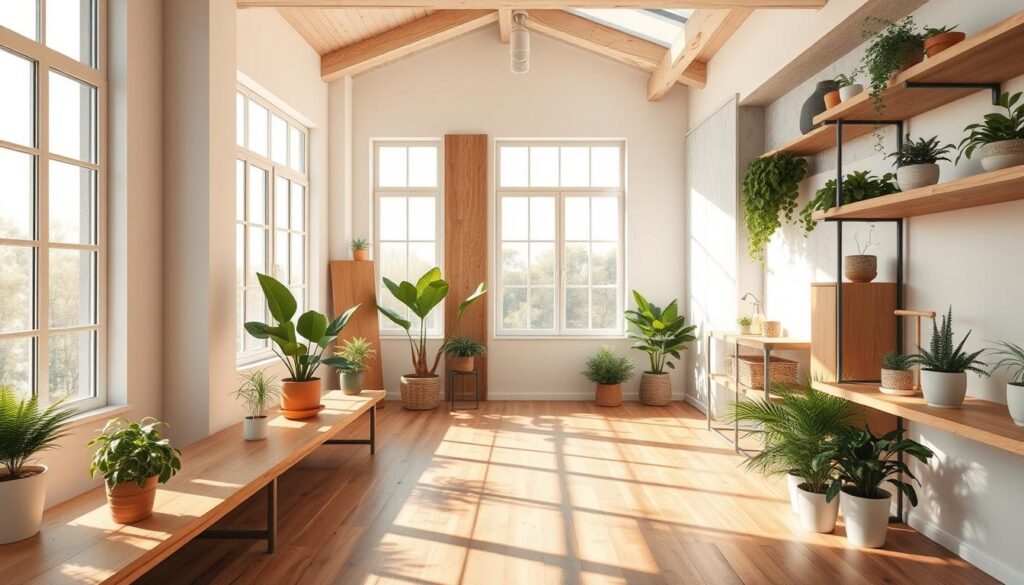 A serene, sun-dappled room showcasing a range of healthy, sustainable building materials. In the foreground, warm-toned wooden flooring and shelves, accented by potted plants and natural textures. In the middle ground, large windows flood the space with soft, diffused lighting, casting gentle shadows. The background features a mix of eco-friendly wall panels, insulation, and energy-efficient fixtures, all seamlessly integrated for a holistic, wellness-focused aesthetic. An overall sense of balance, comfort, and environmental consciousness pervades the scene.