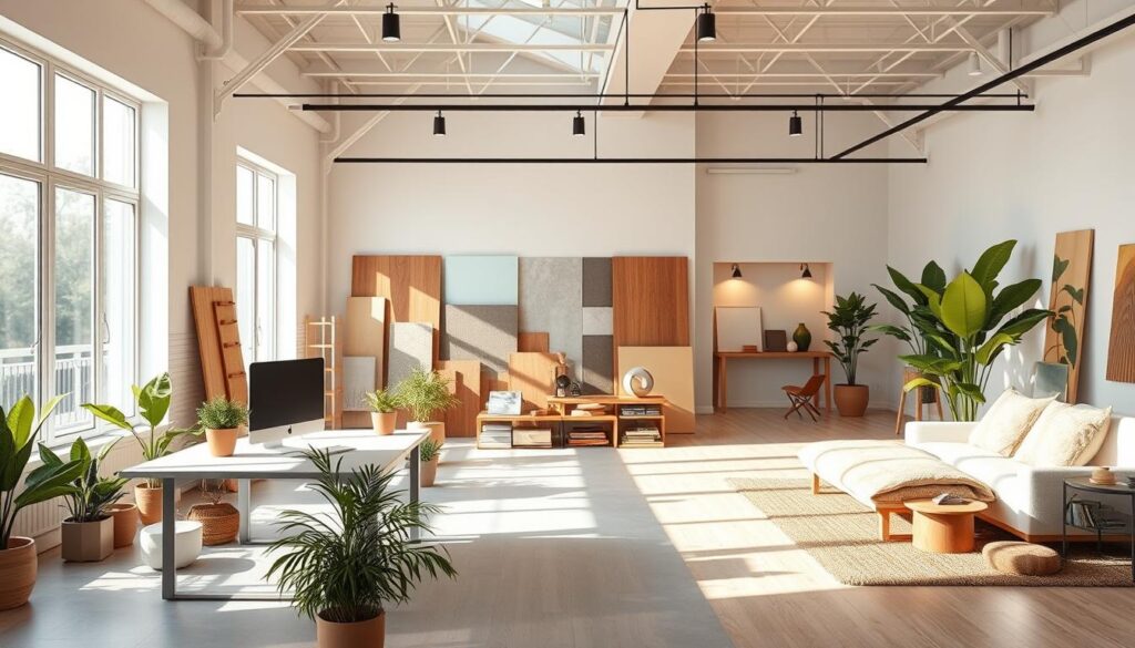 A spacious and well-lit modern interior design studio, featuring a minimalist aesthetic with clean lines and natural materials. The foreground showcases a minimalist workstation with a sleek computer setup, surrounded by potted plants and natural lighting streaming in through large windows. The middle ground features a display of sample materials and design elements, including wooden panels, fabric swatches, and architectural models, all arranged in a visually appealing manner. The background depicts a tranquil and serene living area with comfortable furniture, warm lighting, and natural accents that create a sense of harmony and wellness. The overall atmosphere evokes a calming and rejuvenating environment, reflecting the principles of healthy living through thoughtful and sustainable interior design.