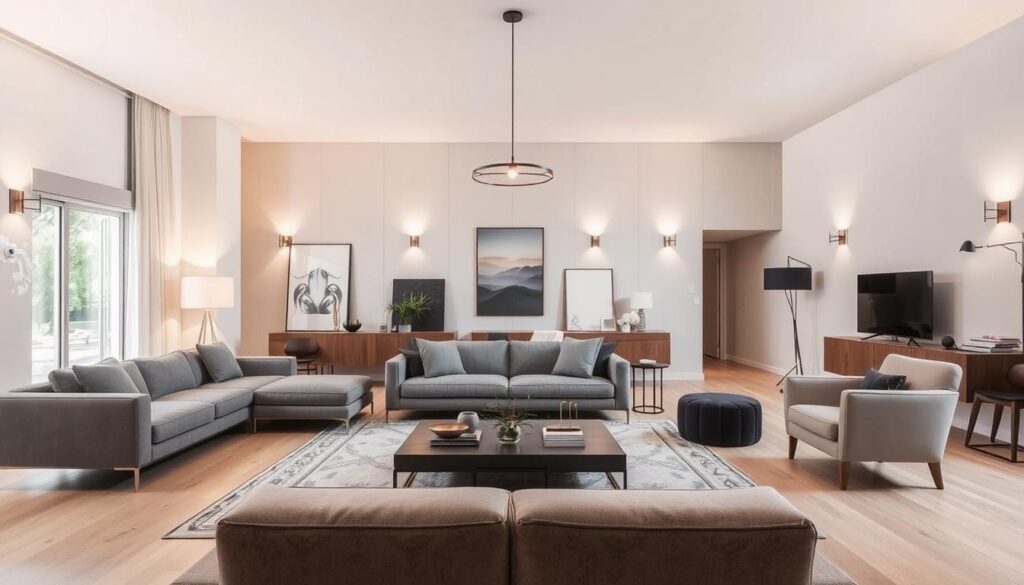 A spacious room with a minimalist, modern interior design showcasing different furniture and decor options. The foreground features a variety of furniture pieces, including a sleek sectional sofa, a contemporary coffee table, and a stylish armchair. The middle ground highlights various lighting fixtures, such as a pendant lamp and wall sconces, illuminating the space. The background depicts a neutral-toned wall with a large window, allowing natural light to flood the room. The overall atmosphere conveys a sense of sophistication and elegance, inviting the viewer to imagine the potential cost differences across different furniture and design choices for a home renovation.