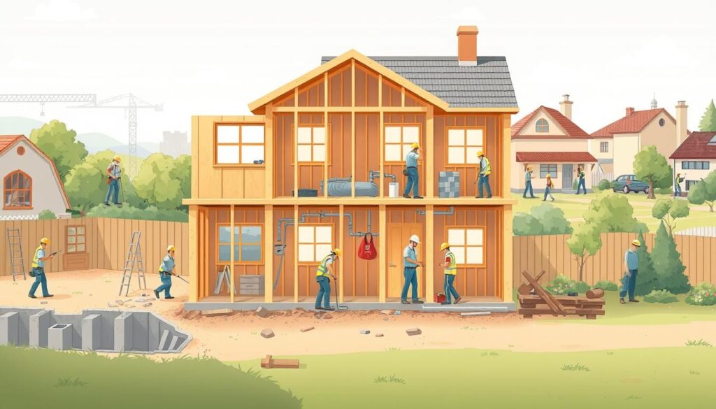 A well-lit, detailed illustration of the step-by-step construction process of a bare-bones house (毛胚屋). The foreground depicts workers laying a foundation, framing walls, and installing windows and doors. The middle ground shows plumbers and electricians completing the interior infrastructure. In the background, a team paints the exterior, installs roofing, and landscapes the property. The scene conveys a sense of coordinated, professional construction with a focus on the key stages of the 毛胚屋 building workflow. Rendered in a clean, technical style with a neutral color palette to emphasize the informative nature of the illustration.