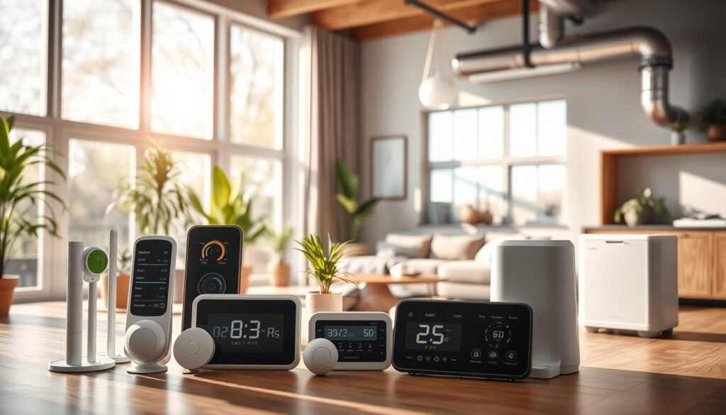 A well-lit, modern indoor scene showcasing the importance of air quality. In the foreground, an array of air quality sensors and monitoring devices stand prominently, offering precise real-time readings. The middle ground features an open-concept living space with large windows, allowing natural light to flood the room. Potted plants and natural materials like wood and stone create a warm, healthy ambiance. In the background, a sleek HVAC system is visible, indicating the integration of advanced air purification technology. The overall atmosphere conveys a sense of balance between technology and nature, emphasizing the significance of maintaining optimal indoor air quality for one's well-being.