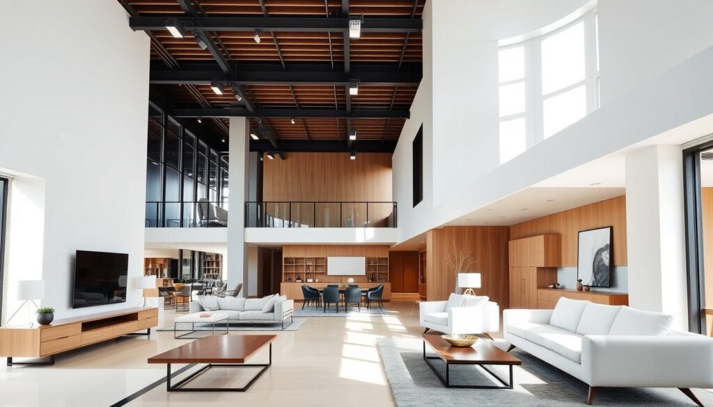 A well-lit, modern interior design showroom in Taichung, Taiwan. The foreground features a display of sleek, minimalist furniture pieces arranged in a harmonious layout, showcasing the designer's attention to detail and sense of style. The middle ground highlights architectural elements like high ceilings, large windows, and clean lines that accentuate the spaciousness and natural light. The background depicts a calming, natural palette of warm wood tones and neutral colors, creating a serene and inviting atmosphere. The overall composition conveys a sophisticated, yet livable aesthetic that reflects the expertise of Taichung's top interior design professionals.