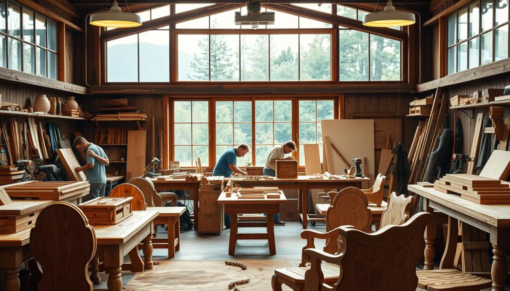 A well-lit woodworking workshop with intricate handcrafted furniture in the foreground. Mid-ground features carpenters skillfully shaping and assembling wooden pieces, using a variety of power tools and hand tools. The background showcases a large window overlooking a serene natural landscape, creating a calming atmosphere. Warm, soft lighting from overhead fixtures casts gentle shadows, highlighting the textures and grains of the wood. The overall scene conveys a sense of craftsmanship, attention to detail, and a harmonious fusion of nature and human-made elements.
