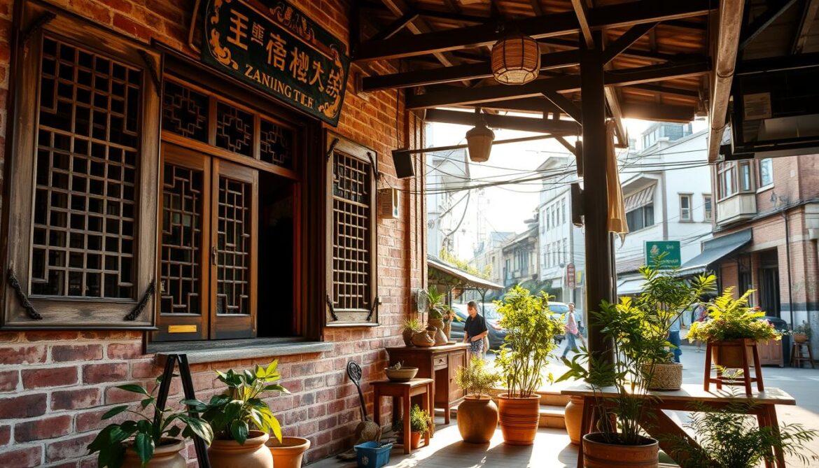 A well-preserved traditional Taiwanese shophouse in Zhongli, its weathered facade exuding a sense of timeless charm. Sunlight filters through the intricate latticed windows, casting a warm, golden glow upon the meticulously restored brick and timber structure. In the foreground, a carefully curated selection of potted plants and antique furnishings add to the cozy, lived-in ambiance, while the background reveals the bustling street beyond, a harmonious blend of old and new. The scene conveys the delicate balance of preserving the historic character of the building while seamlessly integrating modern comforts and aesthetics, embodying the essence of Zhongli's old-house renovation.