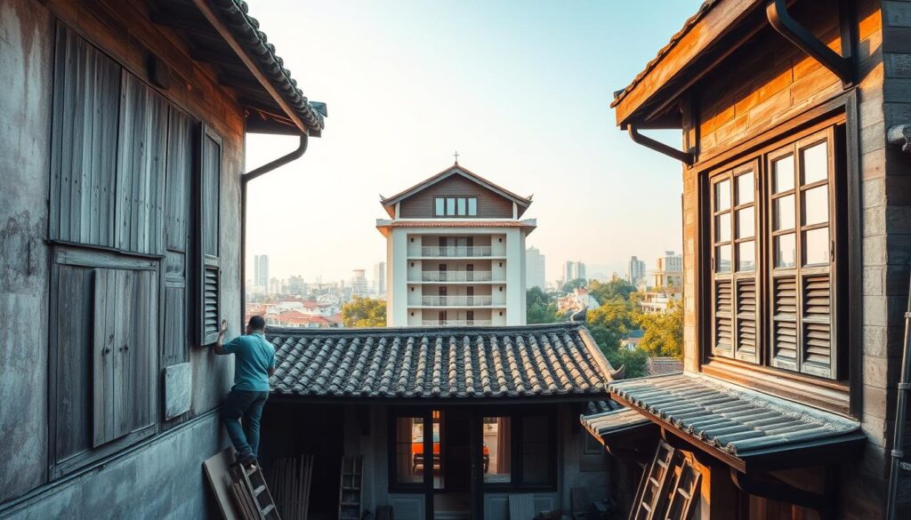 An old Taiwanese house undergoing a meticulous renovation, its weathered facade revealing the passage of time. In the foreground, skilled craftsmen carefully restore original wood and tile details, breathing new life into the structure. The middle ground showcases a blend of traditional and modern elements, as sleek new windows are seamlessly integrated. In the background, a lush urban landscape frames the scene, hinting at the building's rejuvenation within its historic neighborhood. Warm natural lighting filters through, casting a golden glow and a sense of timeless elegance. This image captures the thoughtful balance of preserving the past while embracing the future, as the old house is transformed into a harmonious, livable space.