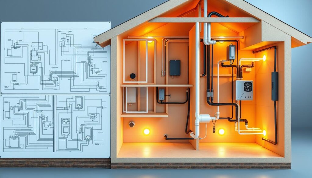 Detailed architectural diagram of a residential plumbing and electrical system layout. A cutaway view showcases the intricate network of pipes, cables, and fixtures integrated seamlessly within the home's structure. Precise engineering schematics illustrate the strategic placement of water supply lines, drainage pipes, electrical conduits, and outlets. Warm lighting accentuates the clean, technical aesthetic, creating a sense of order and functionality. The image conveys a comprehensive understanding of the meticulous planning and coordination required for an efficient, future-proof utilities infrastructure in a modern living space.